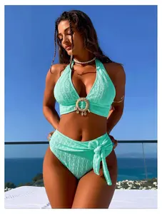 Mint Green Bikini Set - Halter Swimsuit for Women, High Waisted Two Piece Bathing Suit, Textured Fabric, Retro Vintage Style, Stretchy Swimwear
