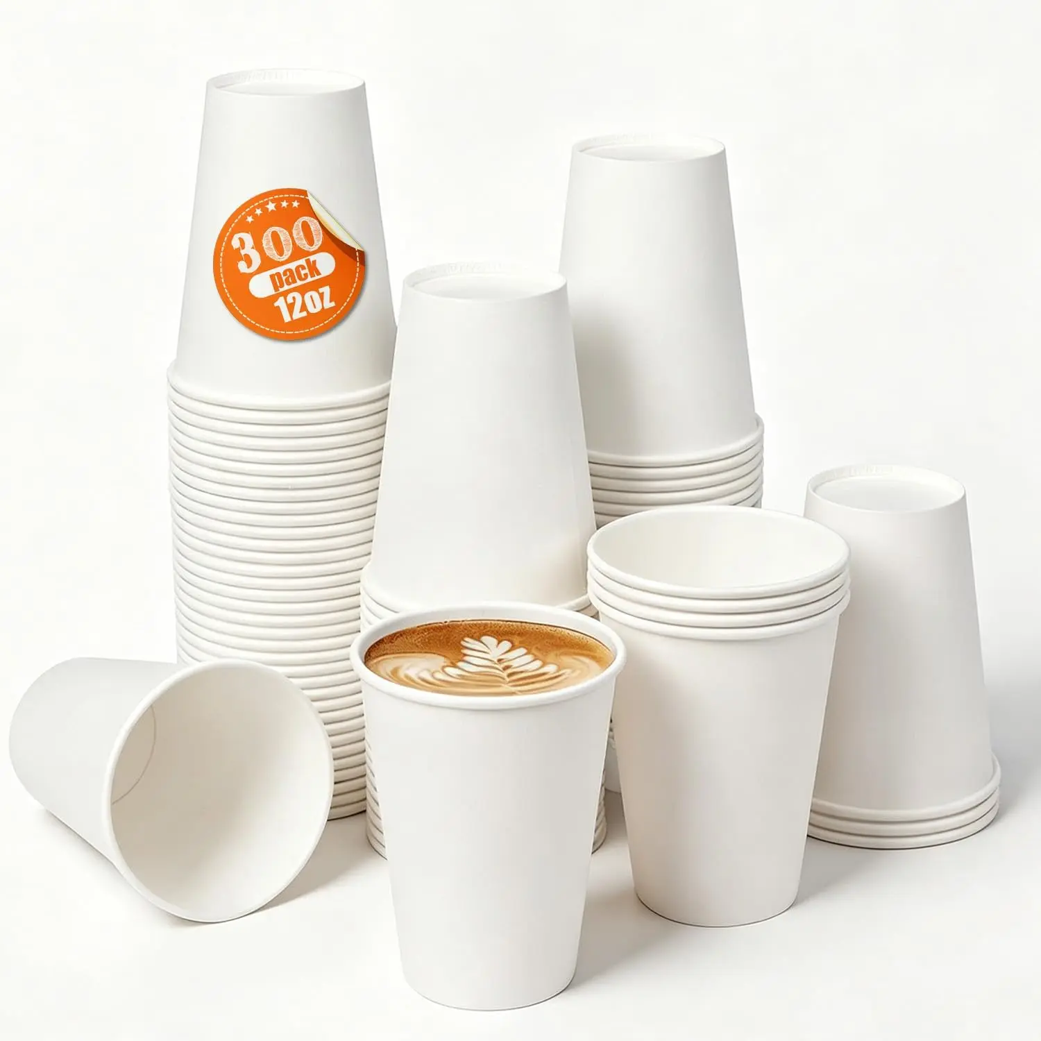 MOUMOULIFE Disposable Paper Coffee Cups 12 oz 300 Count Bulk, Leak-Proof White Coffee Cups for Hot & Cold Beverages, Party Supplies, Recyclable Paper Cups