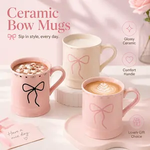 Free Shipping11.8oz Coquette Bow Ceramic Mug - Glossy Aesthetic Coffee Cup with Handle,  TikTok Viral Kitchen Drinkware for Latte, Milk Teatrending,day gift ideas,cute,autumn,girls Washable Reusable Reuse Tumbler
