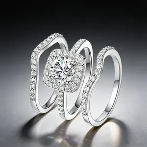 GEMSME 1.5 CT Round Cut Classic Three-in-One 3 Pieces Set Halo Wedding Engagement Promise Eternity Opal Ring for Women Mother Day Birthday Christmas Gift R-0969