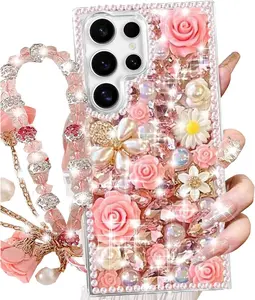for  Galaxy S25 Ultra Glitter Bling Case,Cute Luxury  Sparkle  Rhinestones    with Lanyard Wrist Strap Women Girls Case for Galaxy S25 Ultra 6.9 Inch ()