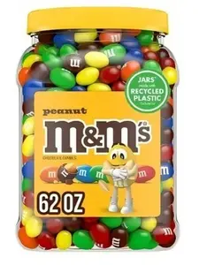 M&M'S Peanut Milk Chocolate Candy 62 oz Recycled Plastic Jar Sweet Snack Delightful Blend of Peanut and Milk Chocolate Generous Size Versatile Enjoyment