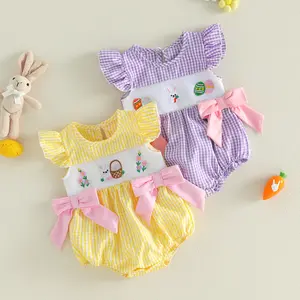 Imcute Infant Baby Girl Easter Romper Flying Sleeve Cute Bunny Embroidery Plaid Print Bow Jumpsuit Summer 0-18 Months