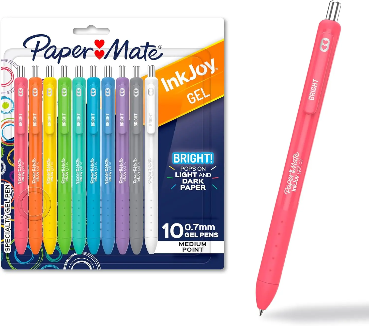 Paper Mate InkJoy Gel Pens, Retractable 0.7mm Medium Point, Assorted Bright Colors, Smooth Quick-Dry Gel Ink, Colorful Writing Pens for Journaling, Note Taking, Planner, School Supplies, Office Supplies, Teacher Supplies, 10 Pack