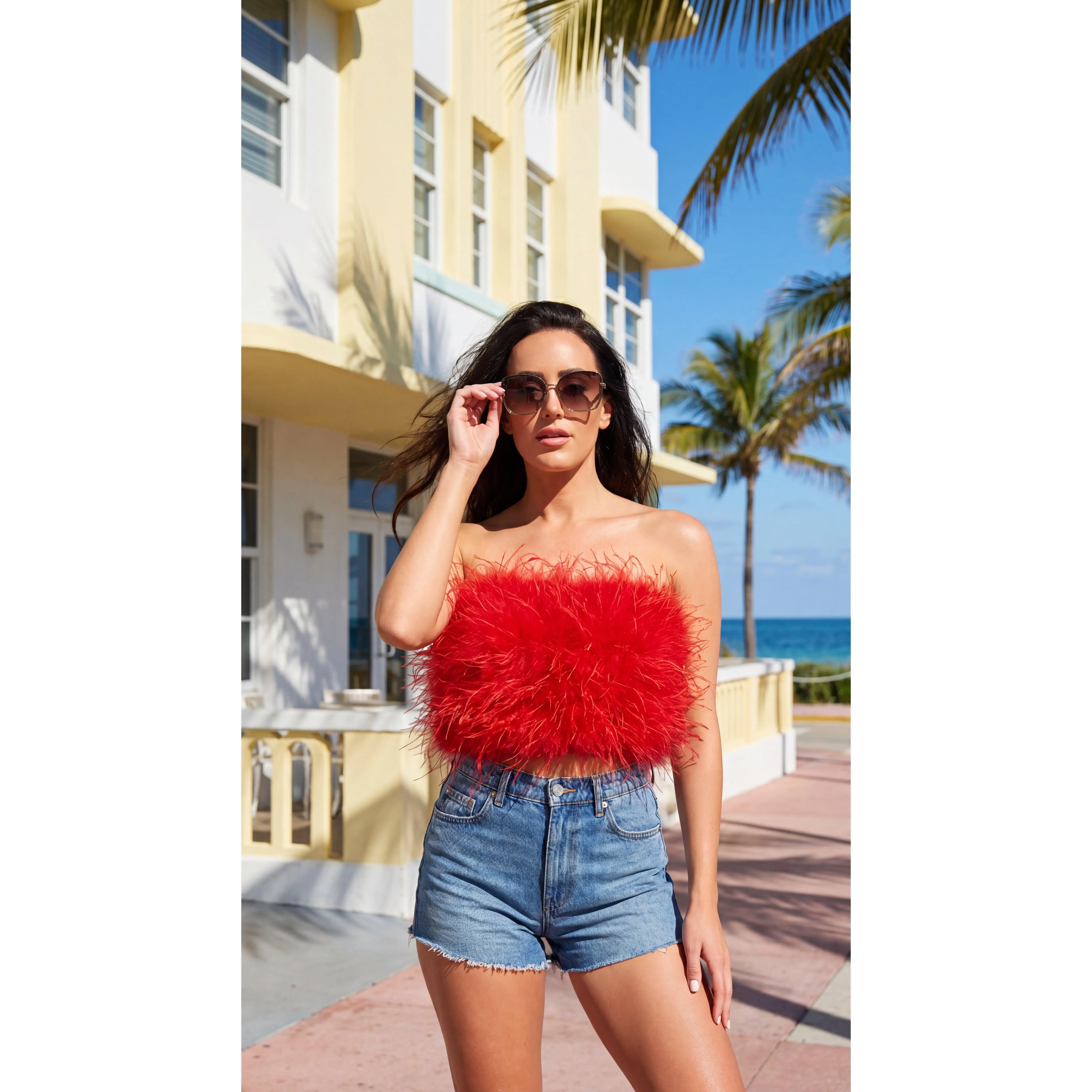 Fancy Strapless Feather Crop Top - Crimson