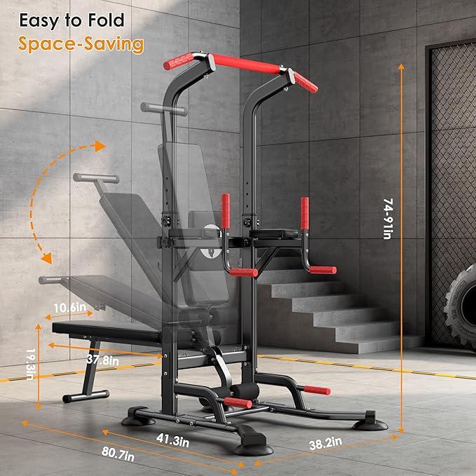 Nicole Selection Multi-Function Power Tower - Adjustable Pull Up & Dip Station with Folding Bench 330LBS Capacity Home Gym Equipment for Full Body Workout, 40YKMF6206B, For Christmas Gifts