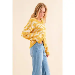 AND THE WHY Full Size Mustard Textured Pattern Contrast Sweater