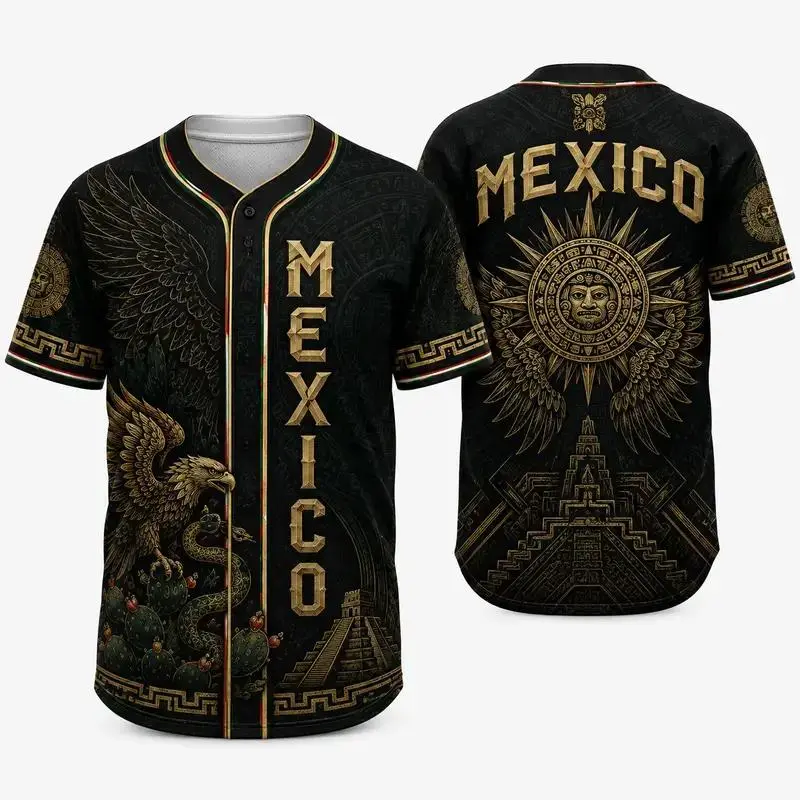 Men's 2026 Black Aztec Eagle Heritage Baseball Jersey – Tribal Graphic Button-Down Shirt