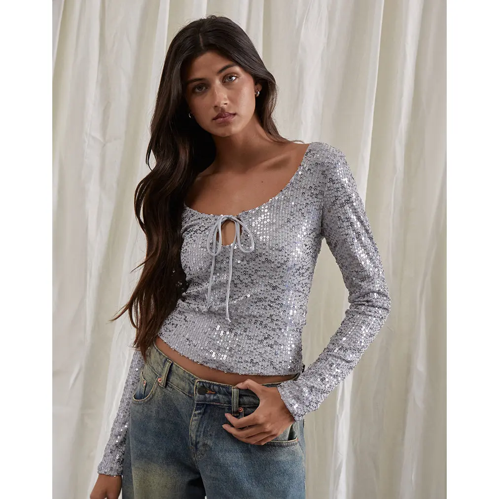 Meraga Tie Front Top in Silver Sequin