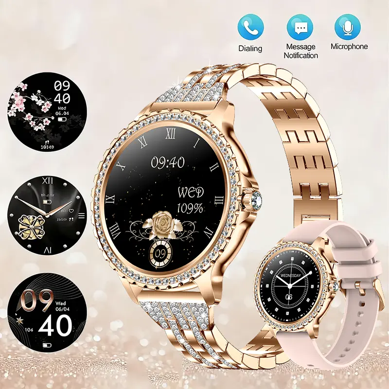 IP68 Rose Gold Women’s Smart Watch with Diamond Dial and Diamond-Studded Strap, 1.32” HD Full Touchscreen, Bluetooth Call, Sleep & Step Tracker, 100+ Sport Modes, AI Voice Assistant, Extra Strap, Smart Watch for Android