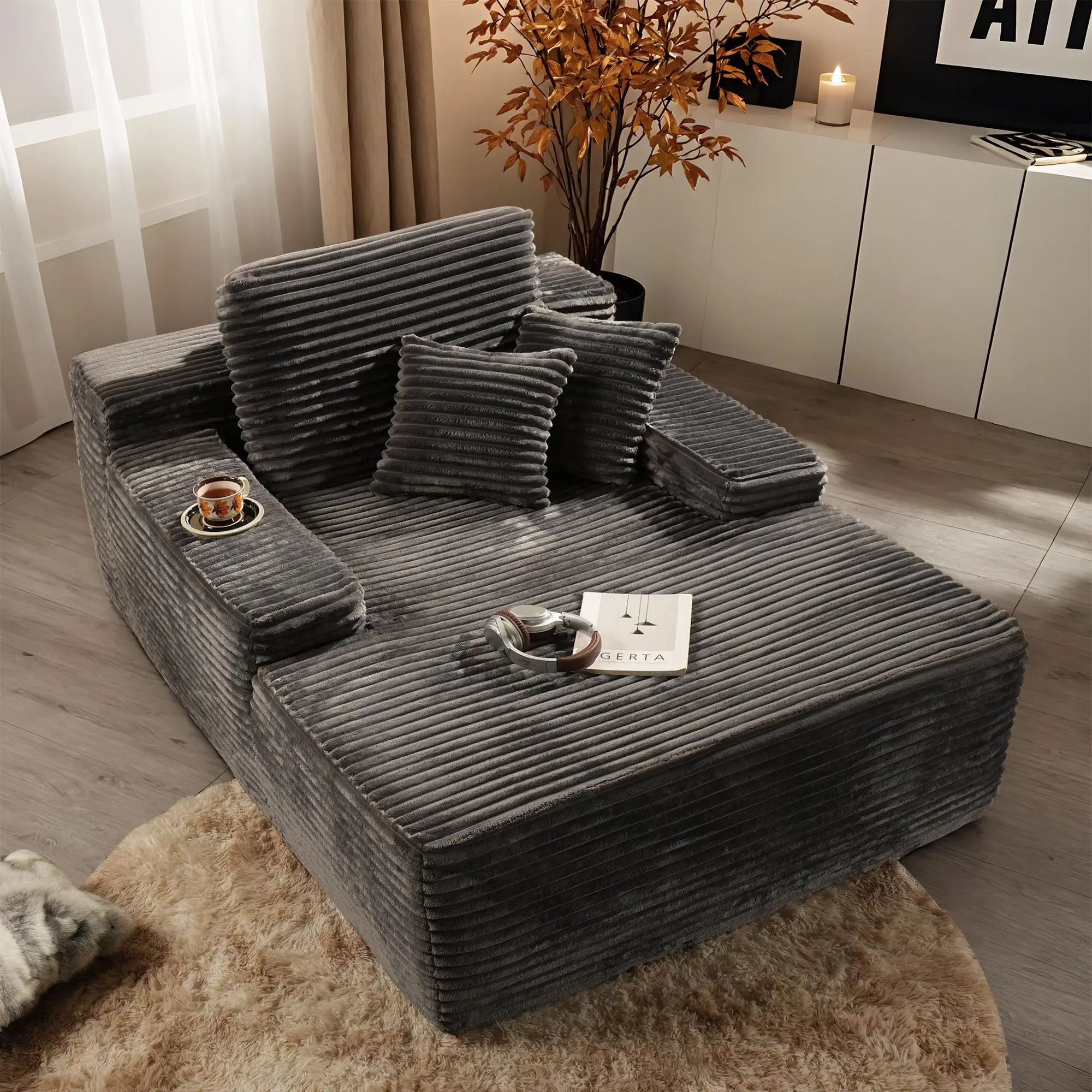 CAODOC Boneless Chaise Lounge Upholstered Sofa Bed with Throw Pillows, 48.42" Deep, Soft Corduroy, No Assembly Required, Indoor Sleeper Chair