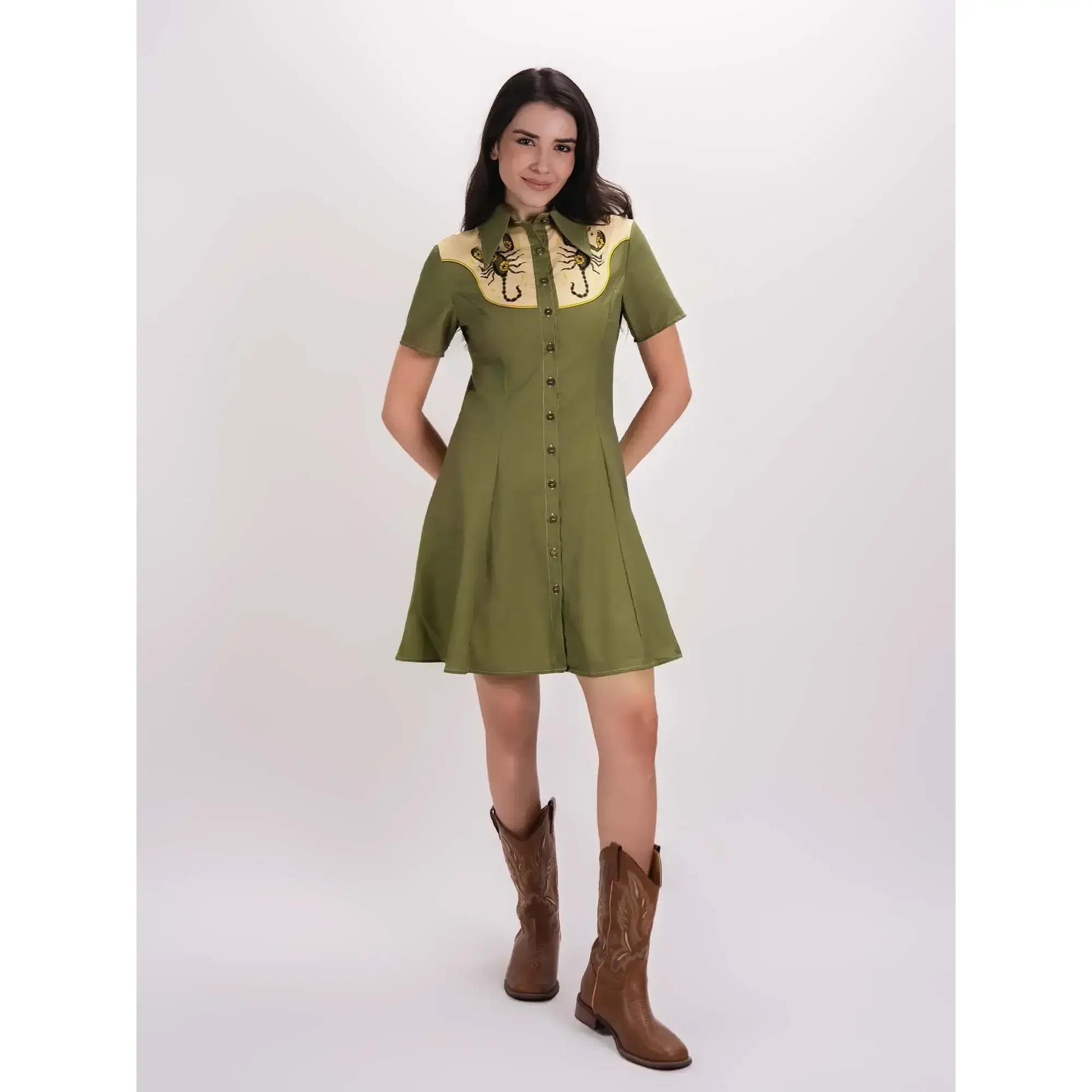 Women's Western Scorpion Cactus 100% Cotton Dress Button Dress Short Sleeve 2026 Spring/Summer Set, Casual Wear, Pants, Easter, CowgirlRAIMENTRY Women's Western Scorpion Cactus 100% Cotton Dress Button Dress Short Sleeve 2026 Spring/Summer Set, Casual Wear, Pants, Easter, CowgirlRAIMENTRY