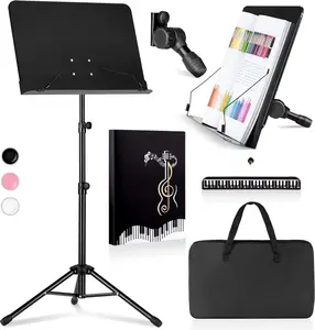 5 in 1 Dual-use Sheet Music Stand & Desktop Book Stand Metal Portable Solid  Height Adjustable from 31.4-57in with Book Stand Support, Carrying Bag, Sheet Music Folder and Clip