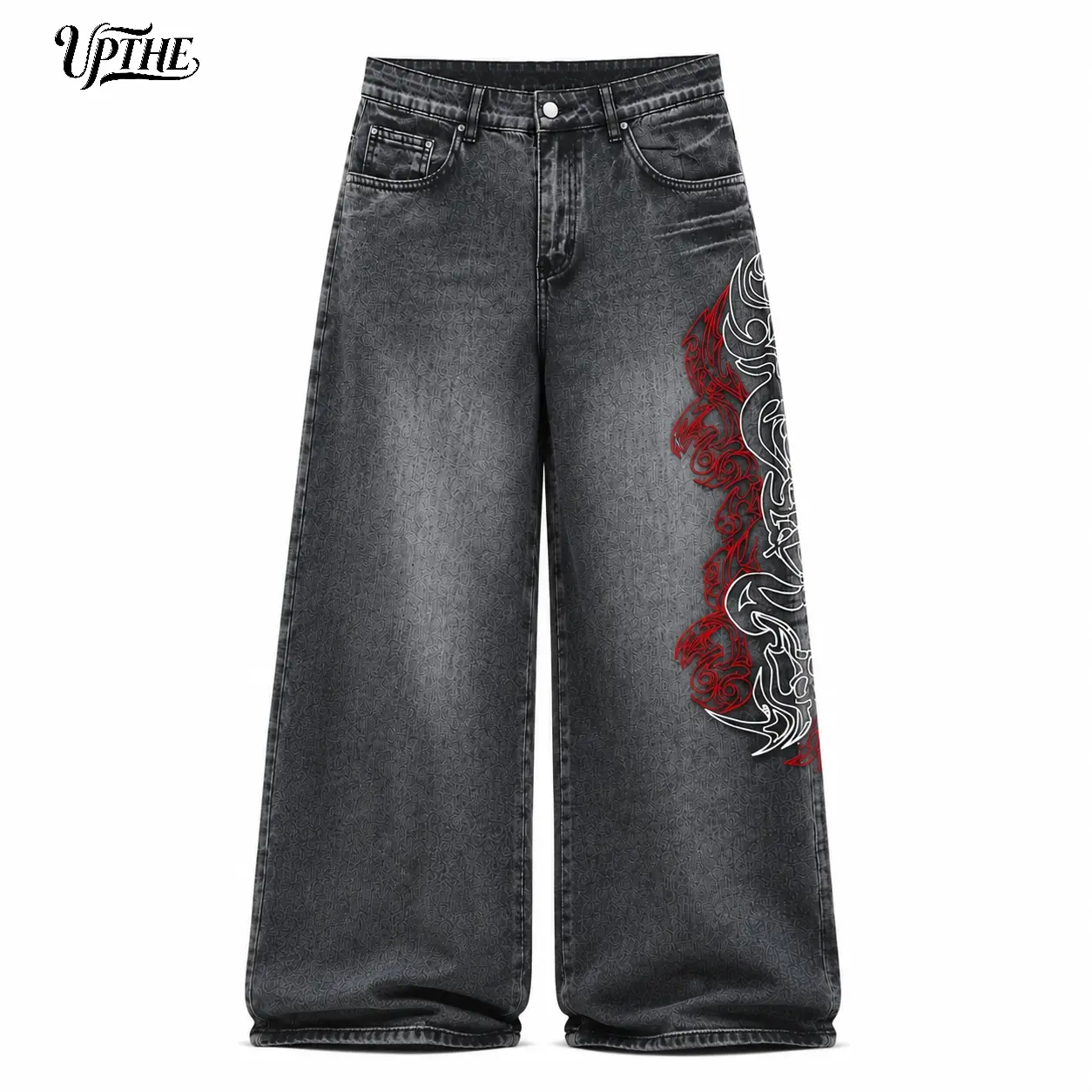 UP.THE Men's Loose-Fit Wide Leg Jeans - Y2K Embroidered Totem Fabric Streetwear for Skateboarders, Menswear Everyday Wear, Oversized Plain T-Shirt Compatible Bottoms