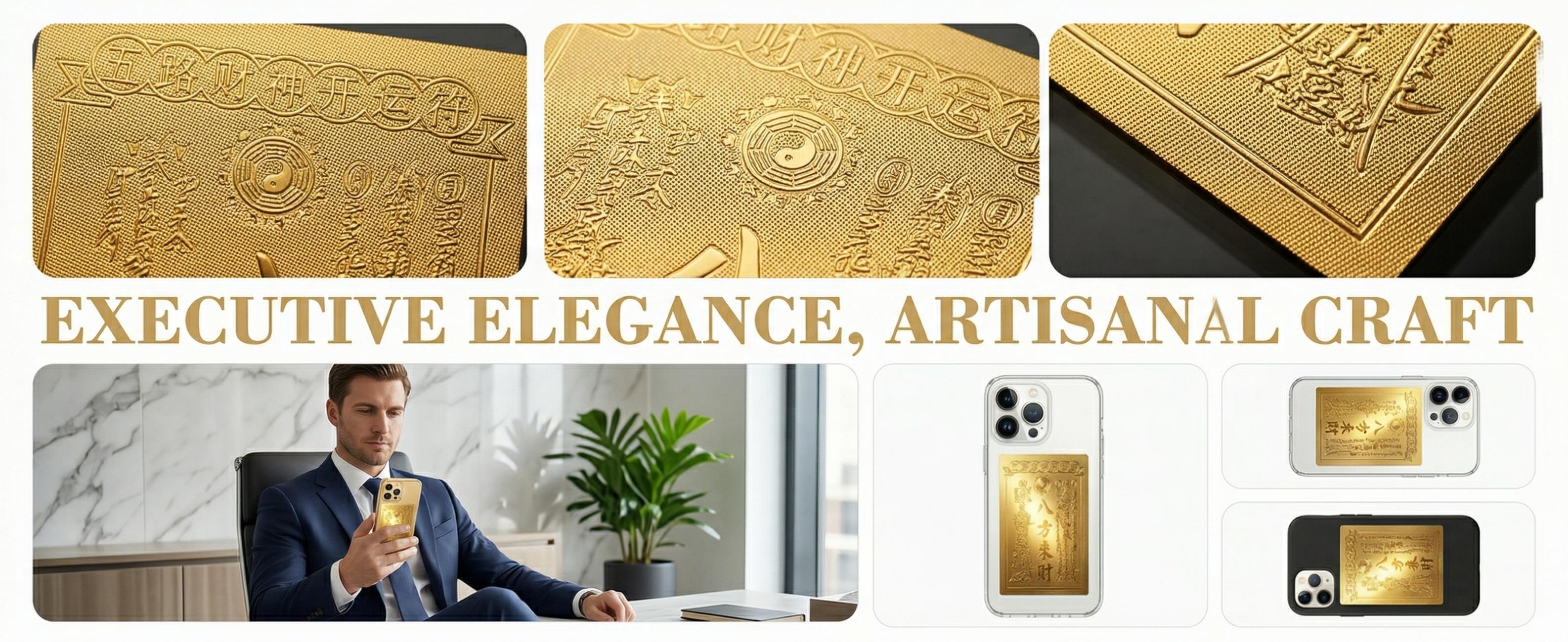 Wealth Amulet—An amulet for wealth, success, and good fortune; the Chinese Feng Shui God of Wealth; made of gold-foil; designed for wallets and as a phone sticker