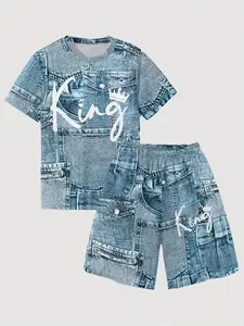 Boys King Letter Print Faux Denim Set, Two-Piece Patchwork Design for Summer Casual Sport School Wear, Ideal Gift for Boys Clothes Kids