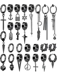 25 Pcs Black Silvery Clip-on Earrings for Men Women Cool Unisex Punk Gothic Jewelry Set Durable Stainless Steel for Daily Long-term Wear Non-pierced Ear Accessory Pack Classic Cross Ornaments Stylish Chain Dangle Designs Trendy Huggie Hoop Earrings