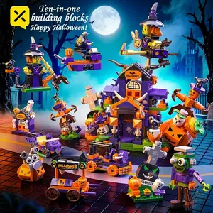flash card Halloween Building Blocks Set Witch Haunted House Pumpkin Models ABS Block Toys for Kids Adults Holiday Decoration Gift