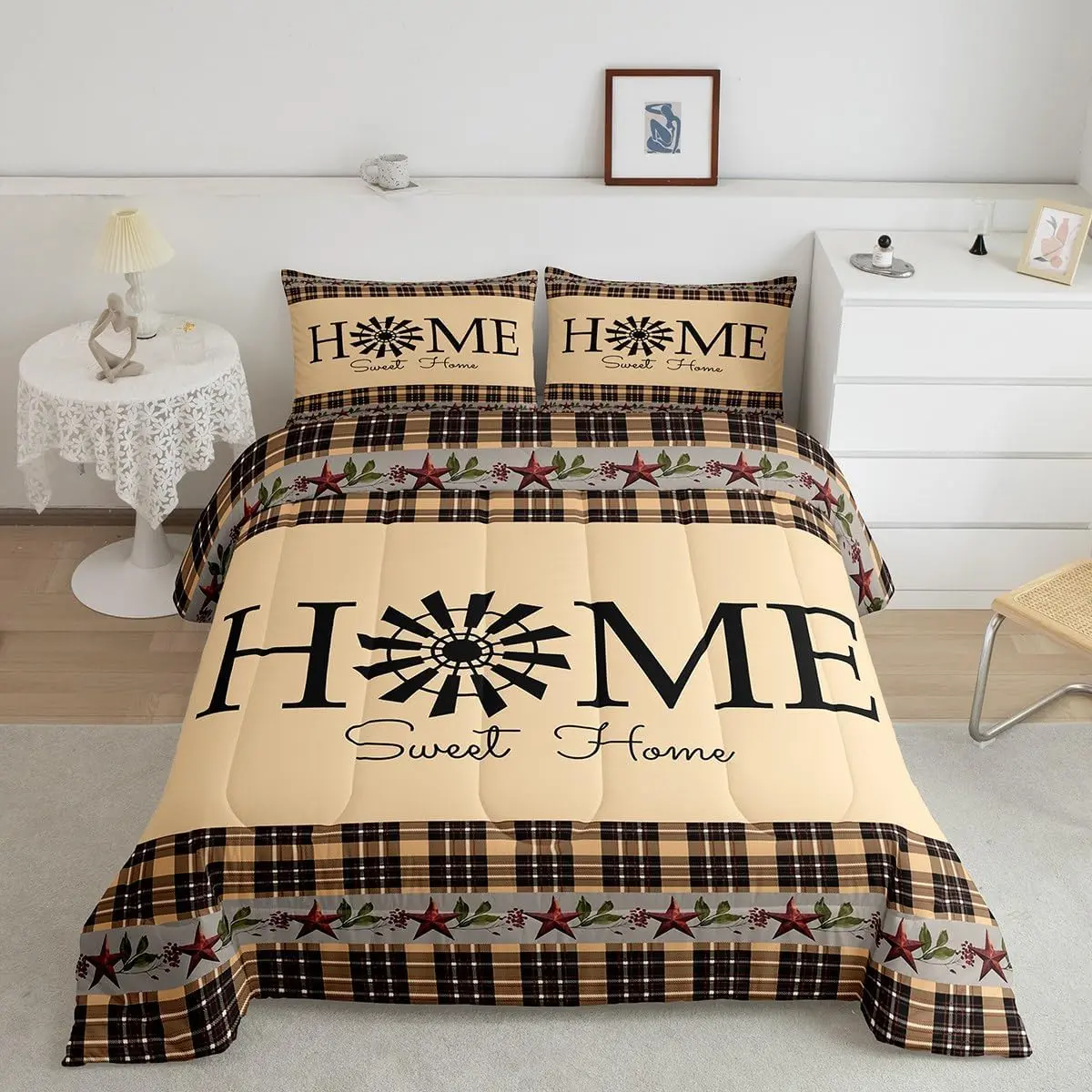 Feelyou Tan Khaki Black Plaid Primitive Western Rustic Farmhouse Bedding Set - Windmill Decor Quilt Comforter, Breathable Duvet, Decorative Bedroom Bedding with Country Vibe & Farmhouse Look, Decorative Bedding Set, Breathable Duvet Set