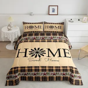 Feelyou Tan Khaki Black Plaid Primitive Western Rustic Farmhouse Bedding Set - Windmill Decor Quilt Comforter, Breathable Duvet, Decorative Bedroom Bedding with Country Vibe & Farmhouse Look