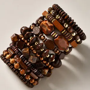 12Pcs Beaded Bracelets for Men Women Adjustable Boho Punk Braided Wooden Bead Bracelets Bulk Wood Bangles Gothic Jewelry Gift: Clothing, Shoes & Jewelry