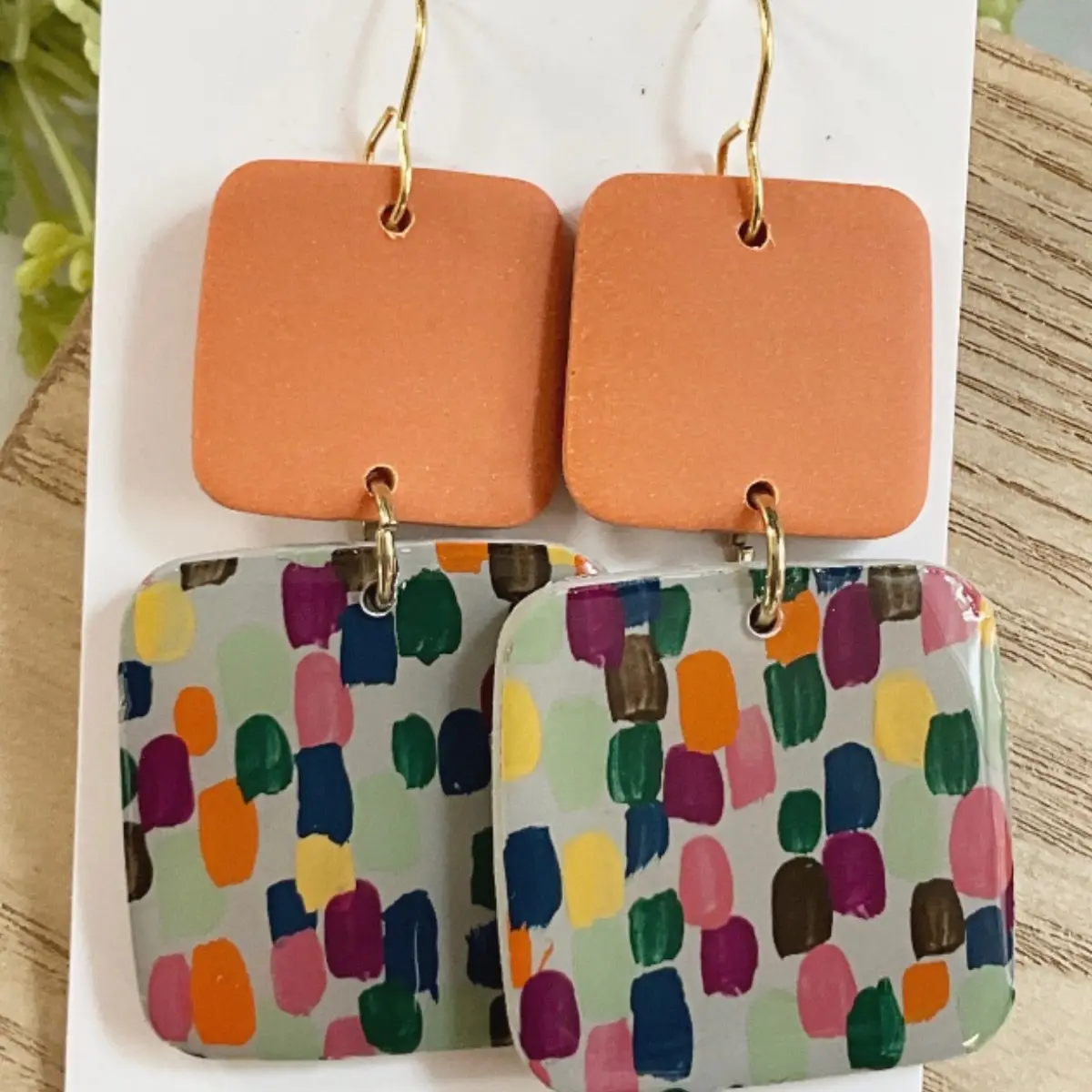 Hand painted polymer clay earring with an orange clay connector Female Casual