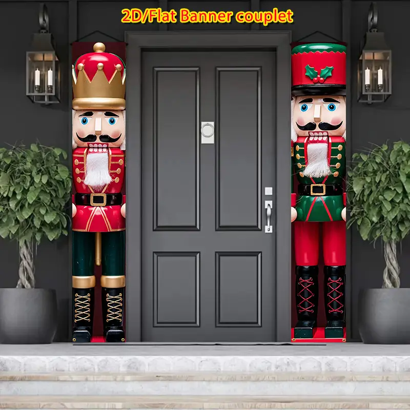 Christmas Nutcracker Soldier Banner Set, Holiday Decoration Banners, Durable Polyester Door Hanging Wreath, Indoor Outdoor Party Decorations Banners Use, Yard Sign Banner