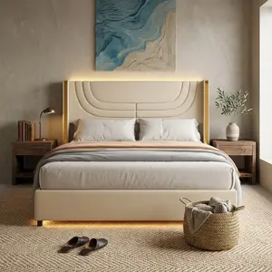 Patterned Wingback Upholstered Bed Frame Twin/Full/Queen, LED Lights & USB Charging Modern Platform Bed with Metal Accents, No Box Spring Needed, Easy Assembly, Pink/Beige/Black Bedroom Furniture