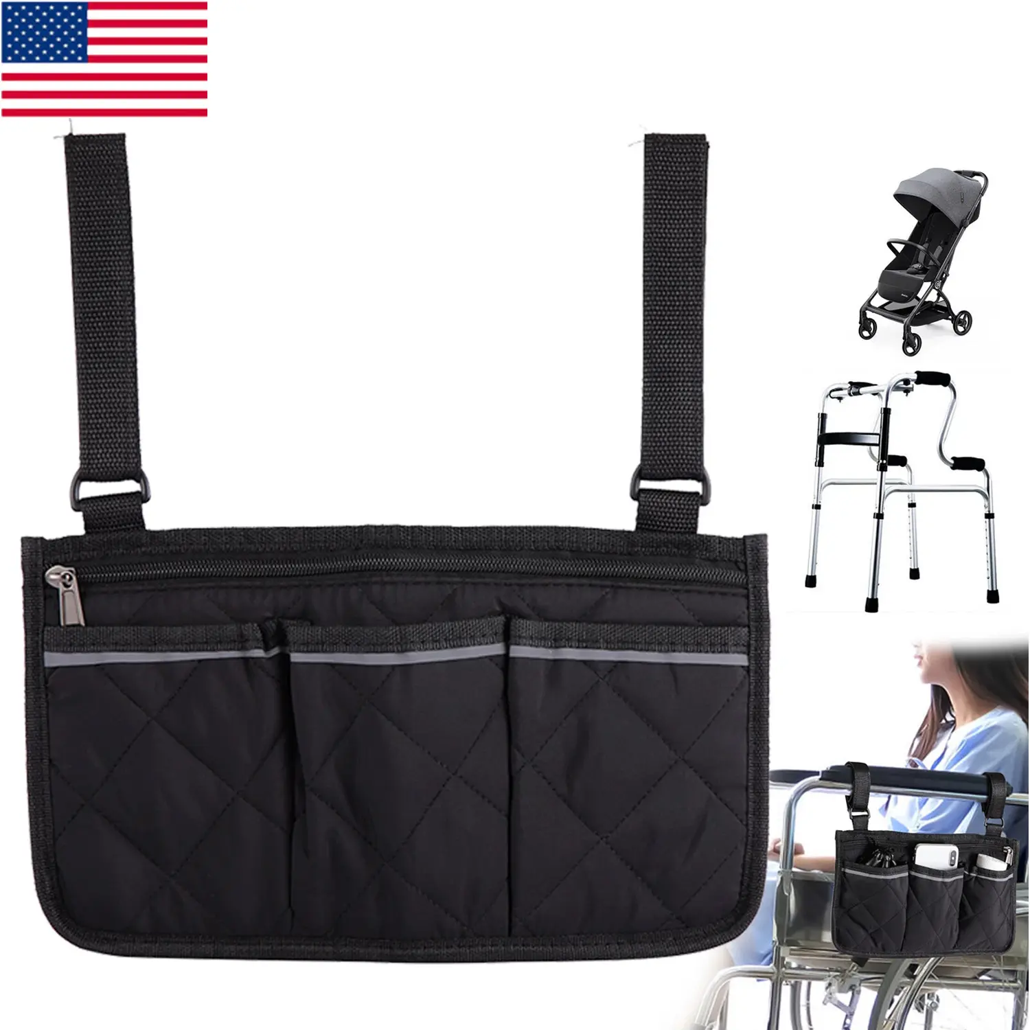 Outdoor Wheelchair Side Pouch Storage Bag - Armrest Pocket Organizer Holder with Shoulder Straps for Walkers, Rollators - New US Home Supplies, Disabled, Polyester Mix
