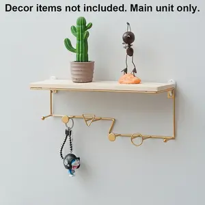 1pc Wall Mounted Storage Shelf, Nordic, Metal Wood Board, 5 Hooks, Home Entryway Key Organizer, Housewarming Gift