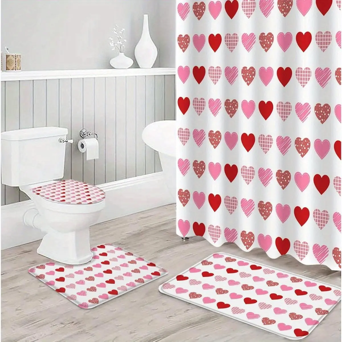 Heart Pattern Bathroom Decorations, 4 Counts/set Including Shower Curtain & Toilet U-shape Mat & Bath Mat & Toilet Lid Cover, Bathroom Accessories