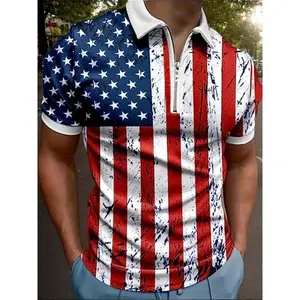2025 Mixed Color Independence Day Flag Color Print Fashionable Sunshine Gentleman Style European and American Men's Zipper Polo Shirt All Seasons Wearable