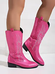 Women's Bright Embroidered Western Cowboy Boots, Pointed Toe Wedge Mid-Calf, PU Leather, Fall&winter, Perfect for Outdoor & Vacation