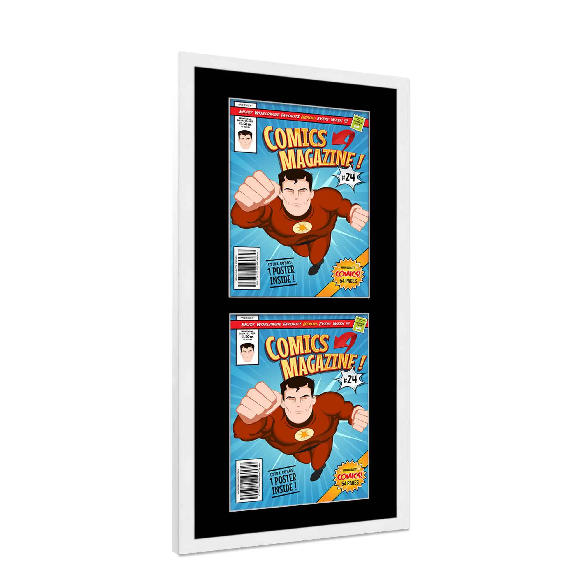 Comic Book Frame with Mat for 2 Silver Age Comics Published Between 1956 and 1970 - White Wood Comic Frame With Black Mat for 7.125x10.5 Comics - 11.25x24 Frame Size