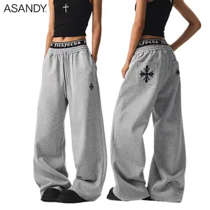 ASANDY Cross Pattern Baggy Sweatpants Women Gray High Waist Wide Leg Trousers "FOCUS" Waistband Streetwear Aesthetic Casual Pants
