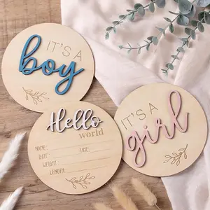 Baby Announcement Sign, Gender Reveal for Welcome Baby 3PCS Its a Boy/Girl and Hello World Newborn Sign Board Wooden Birth Name Announcement Plaque and Pen,2-in-1 Gender Reveal Sign for Hospital Shower Party Photo Props