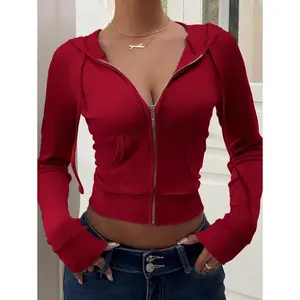 Women's Solid Color Zipper Front Raglan Sleeve Casual Hooded Jacket Fabric Fit Burgundy Basic