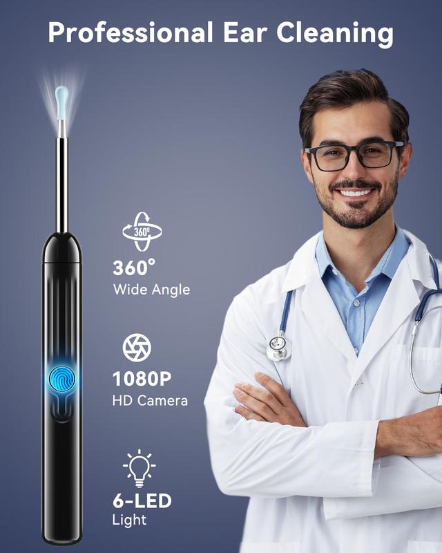 1080P Ear Wax Removal Kit with Camera & 6 LED Lights 8 Ear Picks Compatible with iPhone Android iPad Black Ear Care Solution