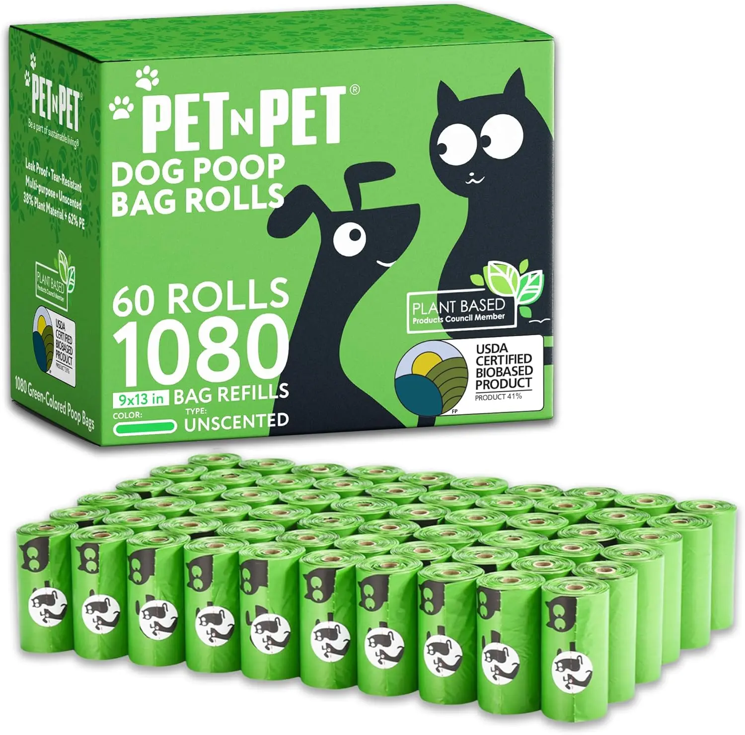 Pet N Pet Poop Bags for Dogs, 1080 Count, Plant Based, Unscented, Green