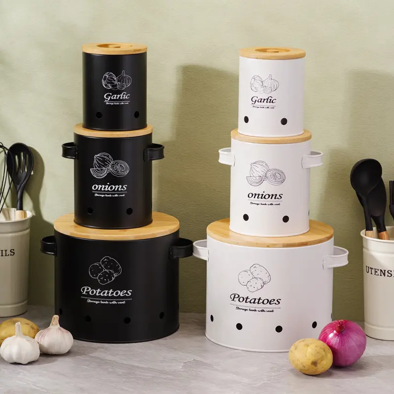3pcs Metal Potato & Garlic Storage Box, Kitchen Fruit & Vegetables Fresh Air, Potato & Onion Garlic Metal Storage Box, Food Storage & Storage Group, Christmas, Valentine's Day, Mother Plot