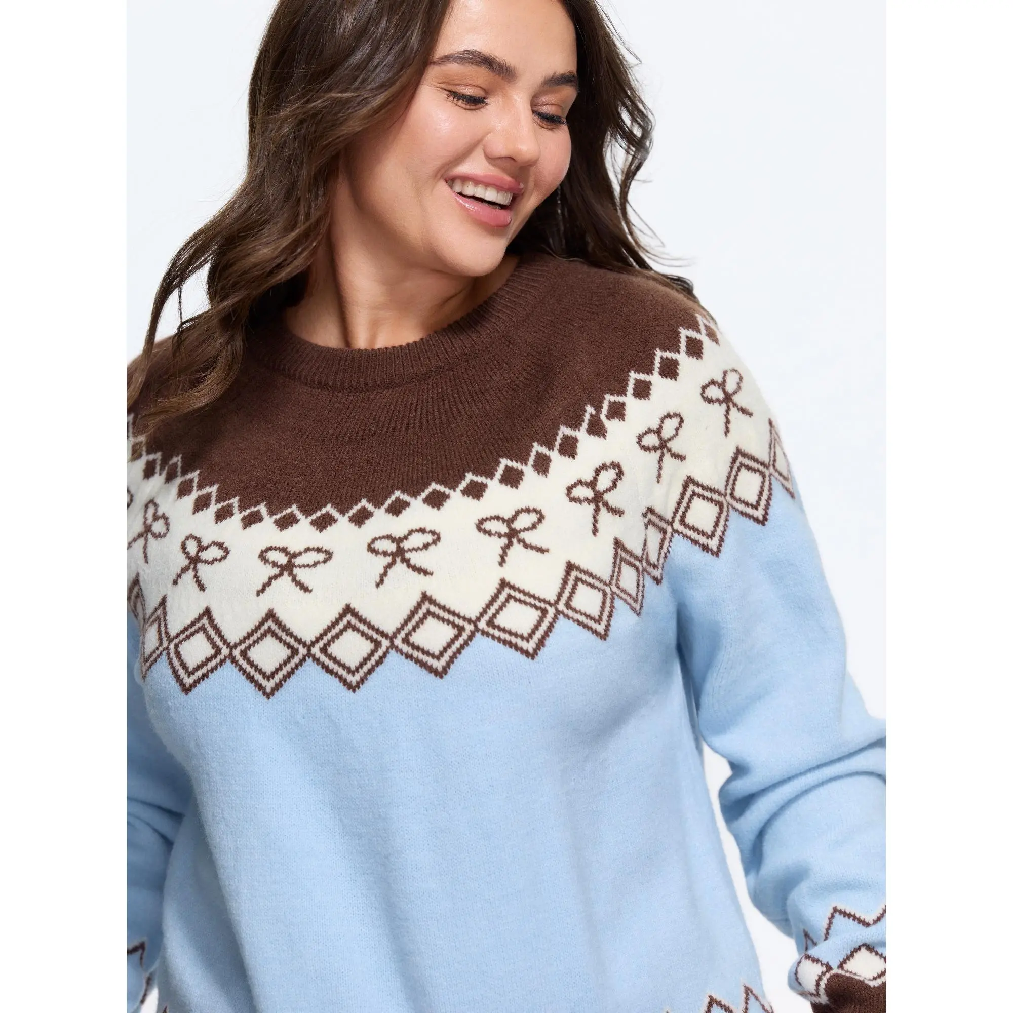 BloomChic Plus sizeRetro Bow & Diamond Pattern Color Contrast Pullover[M-6X]Back To School,Fall Pick, Spotlight Day，SohoChic