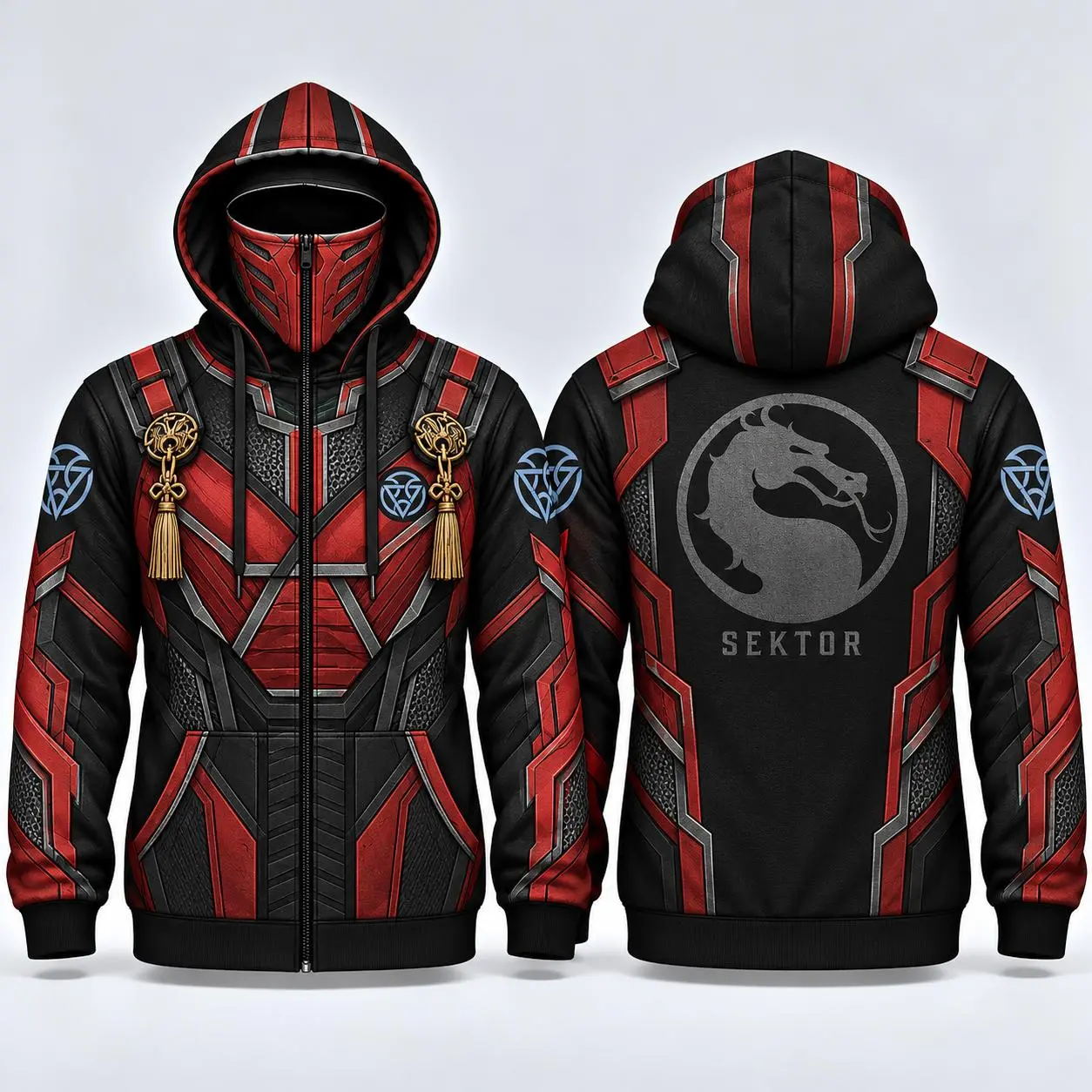 Mortal Kombat Sektor Mens Zip-Up Hoodie, Lin Kuei Guild Built-In Face Mask Jacket, Red Black Ninja Armor All-Over Print Hooded Sweatshirt, Cosplay Gamer Gift