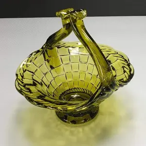 Glass Basket Woven Pattern Olive Green ( Vintage )