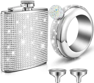 Yaomiao 2 Pcs Flask for Women Creative Bangle Bracelet Bottle 3.5 Oz 6 Oz Rhinestone Water Bottle Diamond Bottles 304 Stainless Steel Hip Container Funnel Set for Sport(Silver)