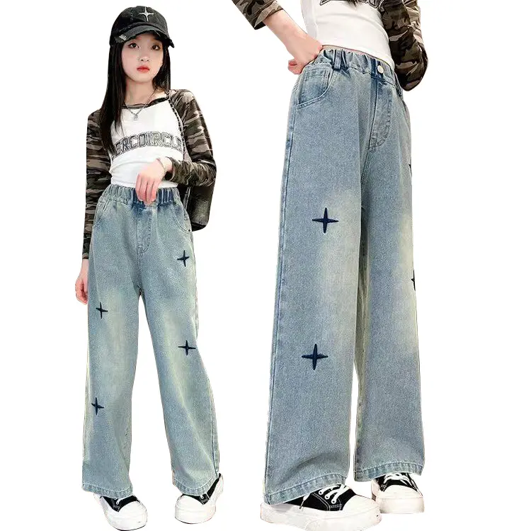 Girls' High-Waist Star Embroidery Wide-Leg Straight-Fit Denim Jeans with Embroidered Hem, Comfortable Kids' Bottoms for 3-12 Years, Ideal for School & Everyday Play (Spring & Autumn)