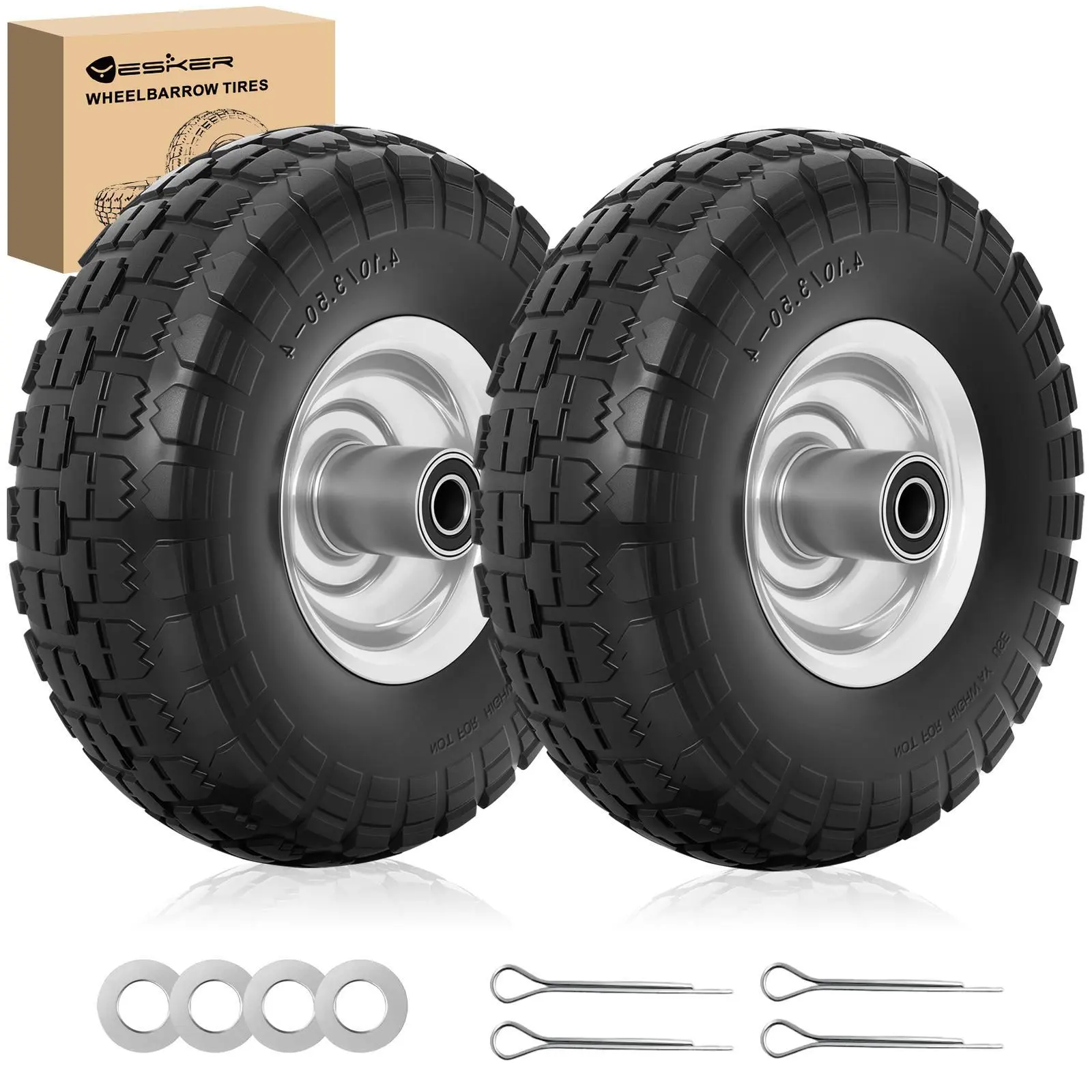Yesker 4.10/3.50-4" Tires and Wheels Flat-Free, 10" Solid Replacement Tire Wheel with 5/8" Axle Bore for Wheelbarrow, Gorilla Cart, Trolley, Garden Scooter Cart, 2 Pack, Pu, Polyurethane, Yard Work