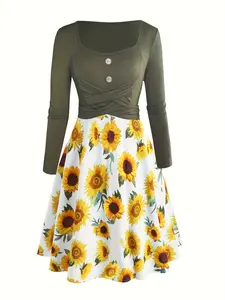 Women's Elegant Long Sleeves Dress, Casual A-Line Flared Sunflower Dress, Spring & Fall Fashion, Ladies Clothing