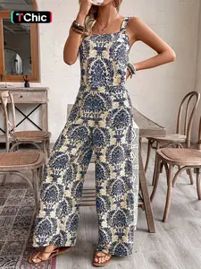 Women's Vintage Damask Print Co-ord Set, Square Neck Wide Strap Cami Top, High Waist Wide Leg Pants, Lightweight Breathable Woven Fabric, Daily Casual Vacation Commute Picnic Wear, Retro Bohemian Vacation Chic Style, 2 Piece