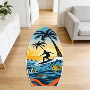 Summer Ocean Theme Surfboard Shaped Rug, Coconut Tree Wave Pattern Mat, Home Bedroom Bedside Carpet, Living Room Hallway Area Rug