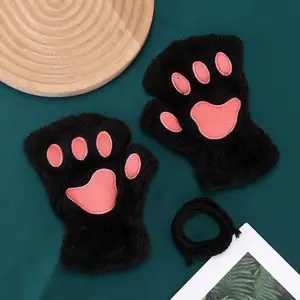 Winter Thickened Fluffy Bear Paw Half Finger Gloves Cute Cartoon Cat Paw Open Finger Gloves for Girls